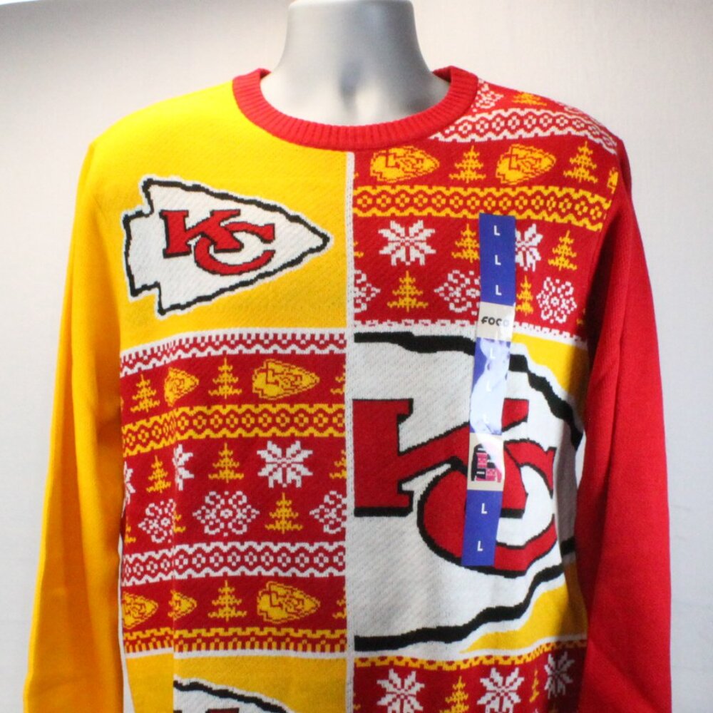 Kansas City Chiefs Crew Neck Long Sleeve Busy Block Snowfall Ugly Sweater Men's